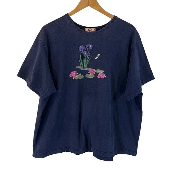 Top Stitch Morning Sun Embroidered T Shirt Plus 3X Dragonfly Lilypad Frog Flower - Picture 1 of 8